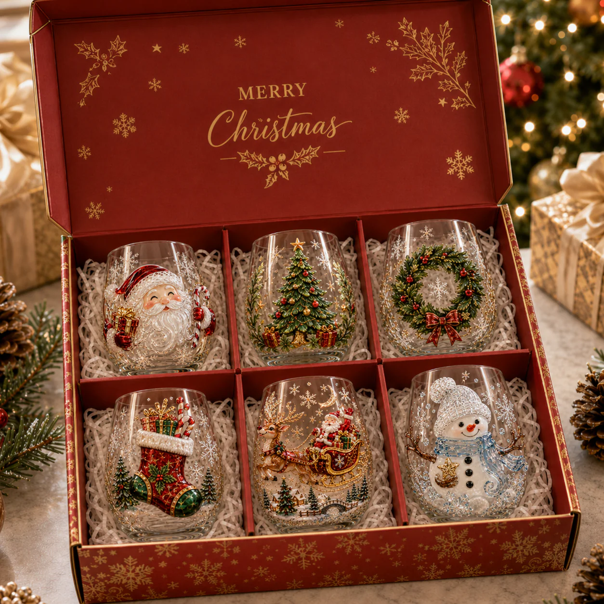 BUY 3 GET 1 FREE🎁 Magical Christmas 3D Glass Cup Collection – Santa, Reindeer, Snowman & Christmas Tree