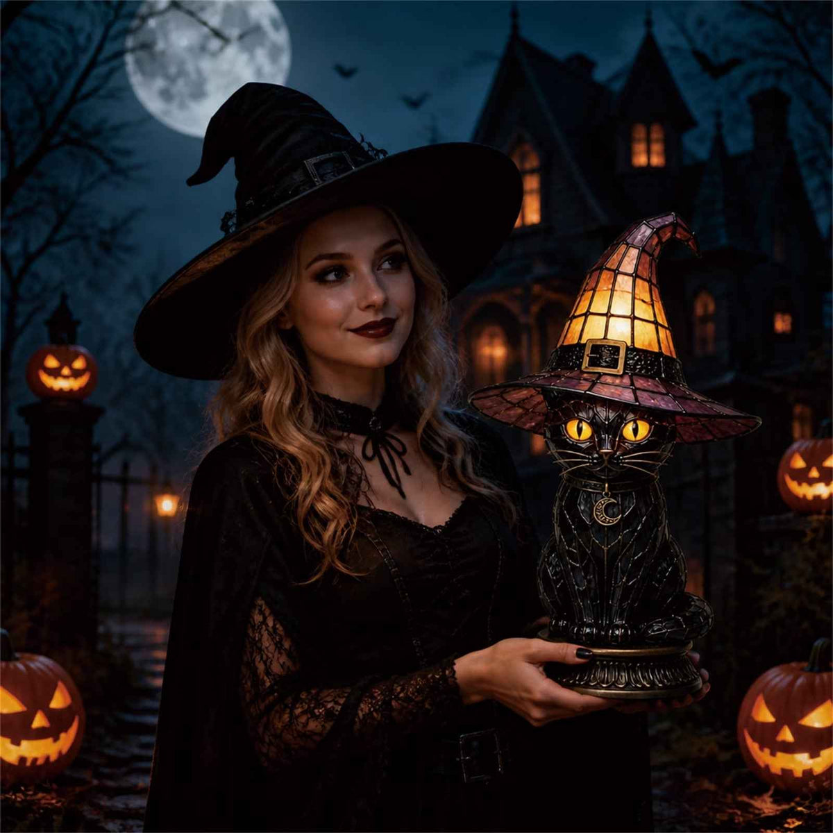 🔥Exclusive Limited Item 👍🔥49%OFF🐈 Gothic Stained Glass Witch Black Cat Table Lamp | Halloween Witch Hat Night Light Decor