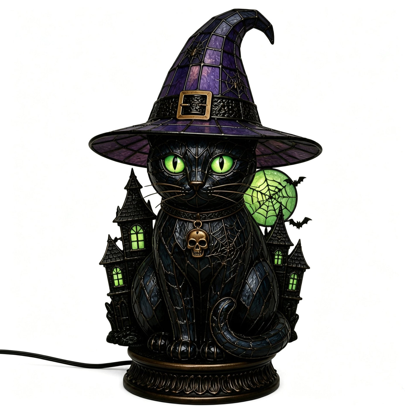 🔥Exclusive Limited Item 👍🔥49%OFF🐈 Gothic Stained Glass Witch Black Cat Table Lamp | Halloween Witch Hat Night Light Decor